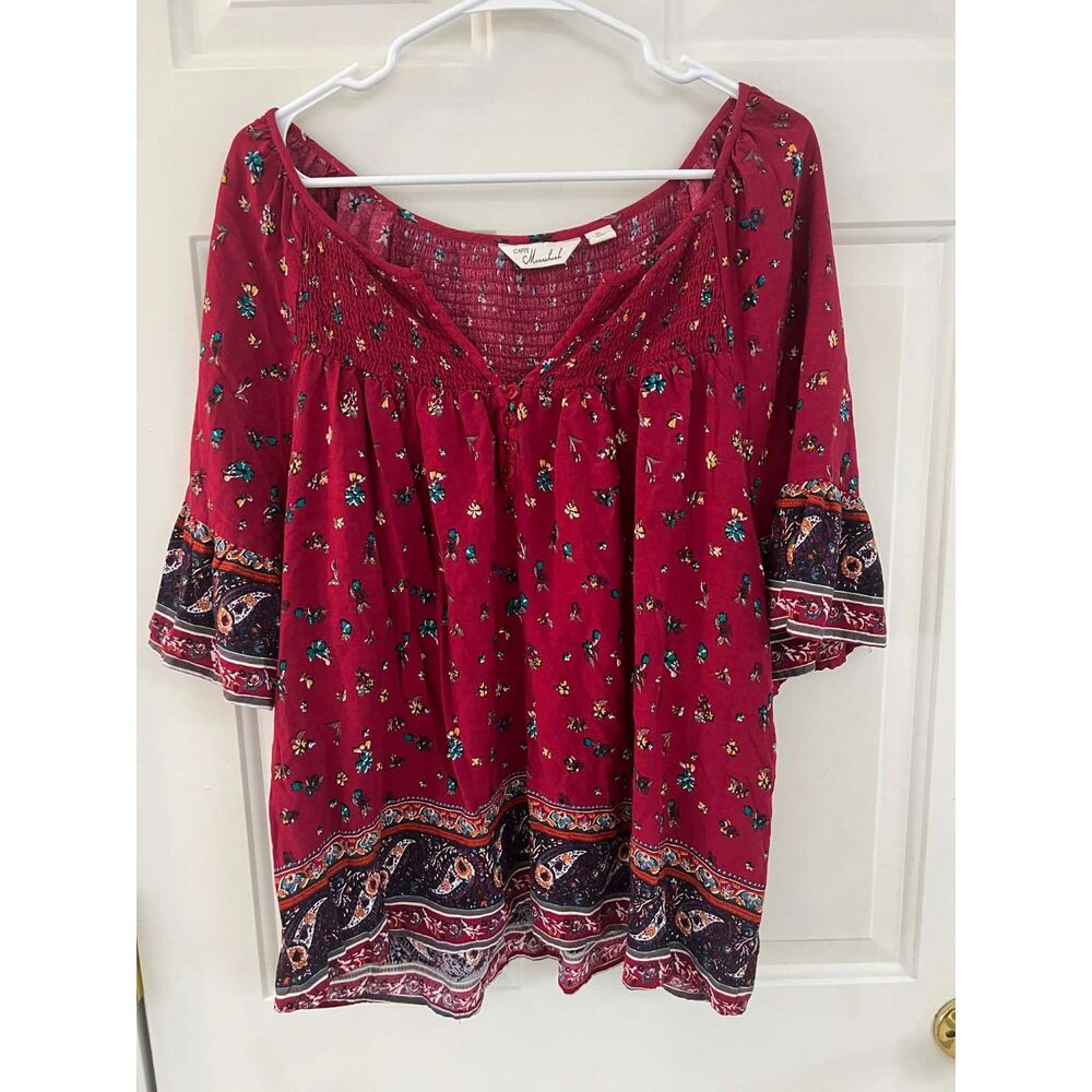 Red Floral Boho Peasant Blouse Top XL V Neck Contrast Trim Caffe Marrakesh